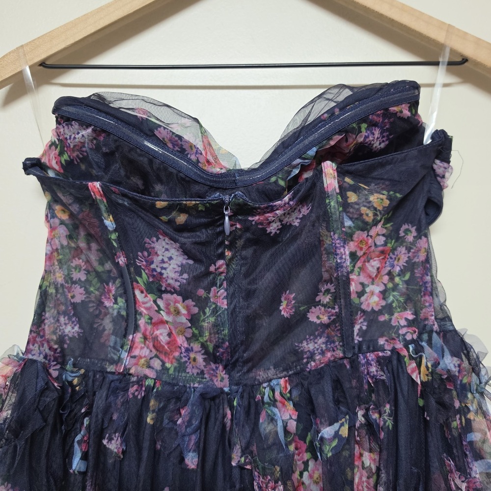 Faeriesty Womens Navy Floral Mesh Ruffled Corset Strapless Maxi Dress Sz L - Picture 6 of 10